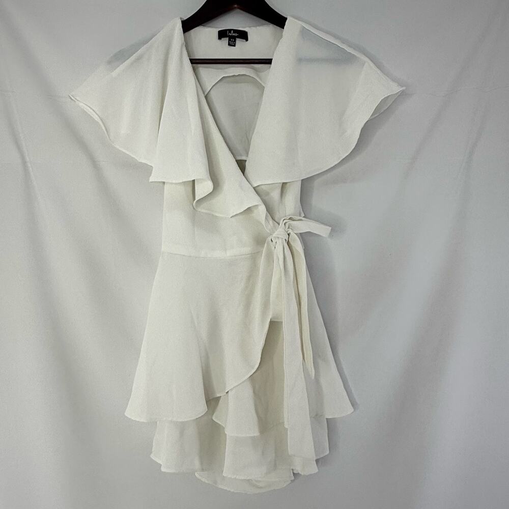 Lulus White Ruffle Romper XS Flutter Sleeve Wrap Front Open Back Dressy Jumpsuit